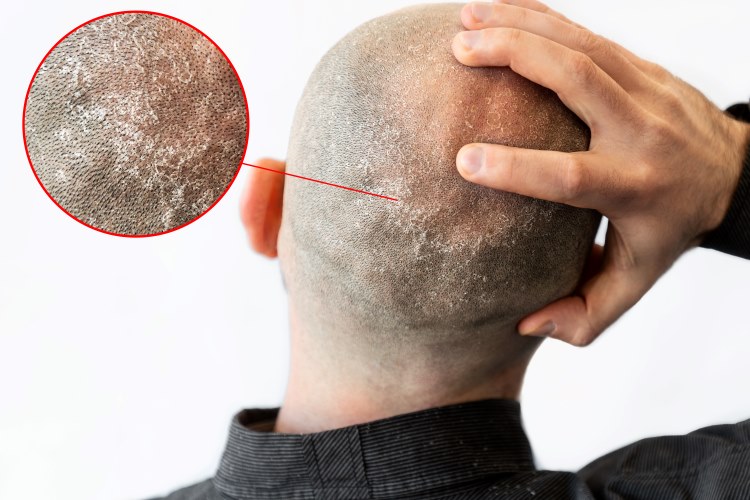 Kopf eines Mannes mit Seborrhoische Dermatitis und einem Fokus auf die entzündete Stelle